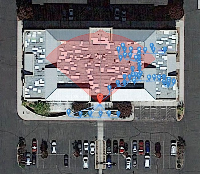 Satellite view of Google map with overlay of 360 tour nodes for Office Alternatives, ABQ East